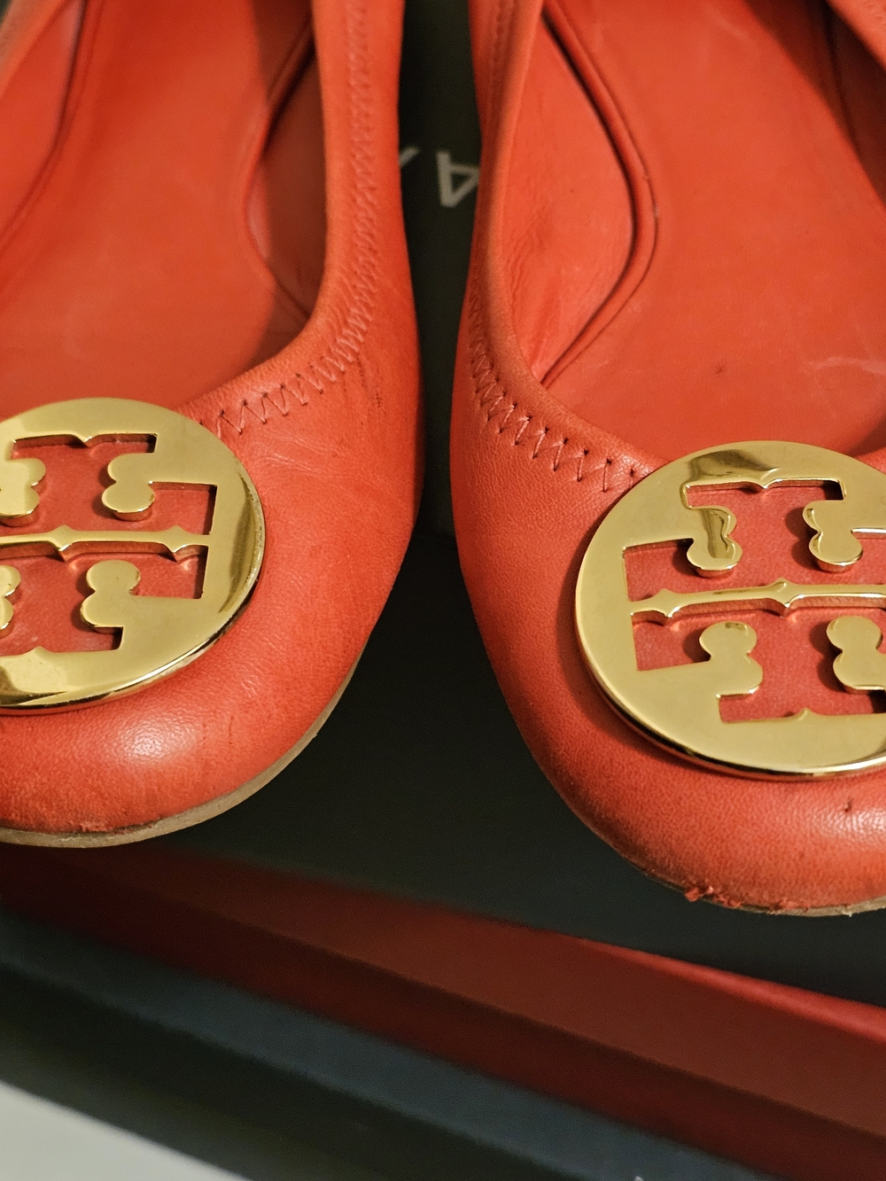 Tory Burch Coral-Red Leather Logo Ballet Flats